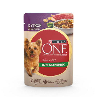 Корм Purina One Мини Активная для собак мелких пород утка-паста-зелёная фасоль в подливе, 85г Корм Purina One Мини Активная для собак мелких пород утка-паста-зелёная фасоль в подливе, 85г