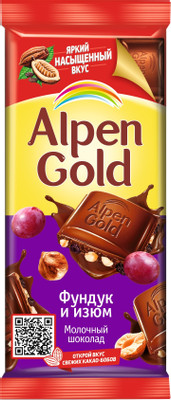 Шоколад молочный Alpen Gold с фундуком и изюмом, 85г Шоколад молочный Alpen Gold с фундуком и изюмом, 85г