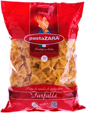 Макароны Pasta Zara Farfalle №31 группа А высший сорт, 500г Макароны Pasta Zara Farfalle №31 группа А высший сорт, 500г