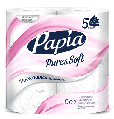 Бумага туалетная Papia Pure&Soft тиснёная с перфорацией 5 слоёв, 4шт Бумага туалетная Papia Pure&Soft тиснёная с перфорацией 5 слоёв, 4шт