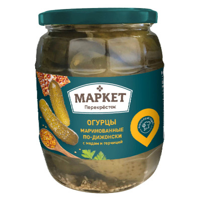 Огурцы Маркет Перекрёсток По-Дижонски с мёдом и горчицей целые маринованные, 680г Огурцы Маркет Перекрёсток По-Дижонски с мёдом и горчицей целые маринованные, 680г