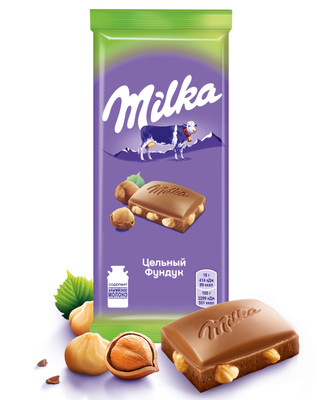 Шоколад молочный Milka с цельным фундуком, 85г Шоколад молочный Milka с цельным фундуком, 85г