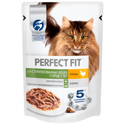Корм Perfect Fit курица в соусе для стерилизованных кошек старше 7 лет, 75г Корм Perfect Fit курица в соусе для стерилизованных кошек старше 7 лет, 75г