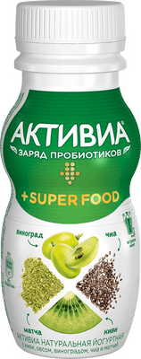Биойогурт Активиа питьевой Super food киви-виноград-чиа-овес-матча 2%, 200г Биойогурт Активиа питьевой Super food киви-виноград-чиа-овес-матча 2%, 200г