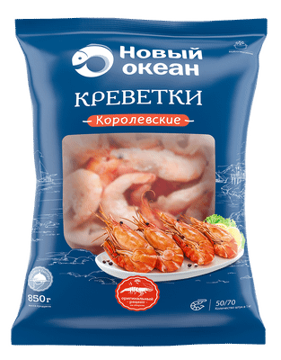 Креветки королевские Новый Океан 50/70 варёно-мороженые, 850г Креветки королевские Новый Океан 50/70 варёно-мороженые, 850г