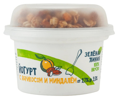Йогурт Зелёная Линия абрикос-миндаль-гранола с изюмом 2.7-3.5%, 215г Йогурт Зелёная Линия абрикос-миндаль-гранола с изюмом 2.7-3.5%, 215г