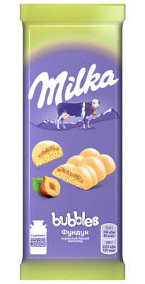 Шоколад молочный Milka Bubbles белый пористый c фундуком, 79г Шоколад молочный Milka Bubbles белый пористый c фундуком, 79г