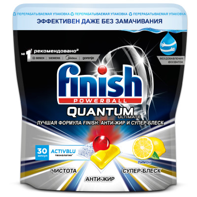 Средство Finish Quantum Ultimate с ароматом лимона без фосфатов, 30 капсул Средство Finish Quantum Ultimate с ароматом лимона без фосфатов, 30 капсул