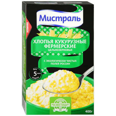 Хлопья кукурузные Мистраль Фермерские цельнозерновые, 400г Хлопья кукурузные Мистраль Фермерские цельнозерновые, 400г