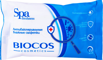 Салфетки влажные Biocos антибактериальные, 15шт Салфетки влажные Biocos антибактериальные, 15шт
