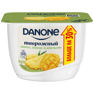 Продукт творожный Danone с манго ананасом и апельсином 3.6%, 170г Продукт творожный Danone с манго ананасом и апельсином 3.6%, 170г