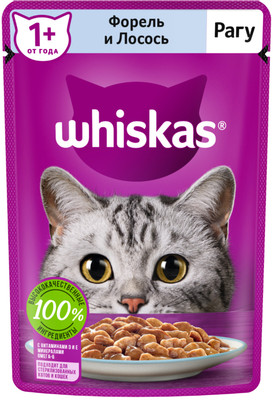 Корм Whiskas рагу с форелью и лососем консервированный для взрослых кошек, 75г Корм Whiskas рагу с форелью и лососем консервированный для взрослых кошек, 75г