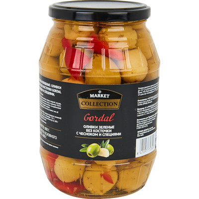Оливки Market Collection Gordal с чесноком и специями зелёные без косточки, 800г Оливки Market Collection Gordal с чесноком и специями зелёные без косточки, 800г