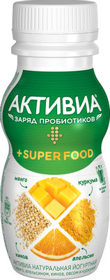 Биойогурт Активиа питьевой Super food манго-апельсин-киноа-овес-куркума 2%, 200г Биойогурт Активиа питьевой Super food манго-апельсин-киноа-овес-куркума 2%, 200г