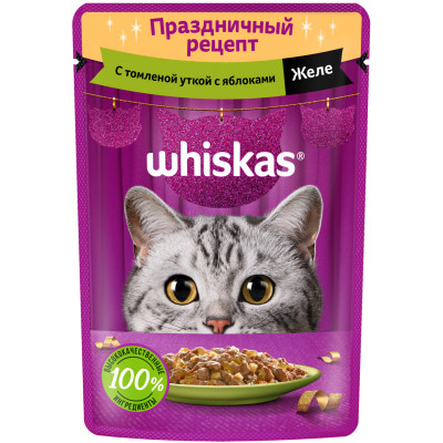 Корм Whiskas Праздничный рецепт Желе с томлёной уткой и яблоками для кошек, 75г Корм Whiskas Праздничный рецепт Желе с томлёной уткой и яблоками для кошек, 75г