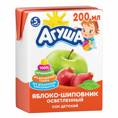 Сок детский Агуша Яблоко-Шиповник осветленный 200мл с 5 месяцев Сок детский Агуша Яблоко-Шиповник осветленный 200мл с 5 месяцев
