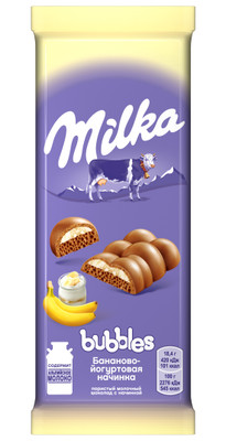 Шоколад молочный Milka Bubbles пористый с бананово-йогуртовой начинкой, 92г Шоколад молочный Milka Bubbles пористый с бананово-йогуртовой начинкой, 92г