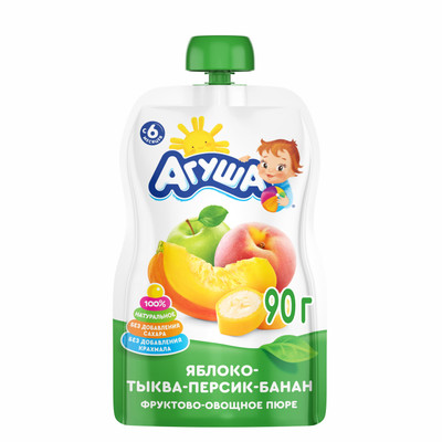 Пюре фруктово-овощное Агуша Яблоко-Тыква-Персик-Банан 90г с 6 месяцев Пауч Пюре фруктово-овощное Агуша Яблоко-Тыква-Персик-Банан 90г с 6 месяцев Пауч