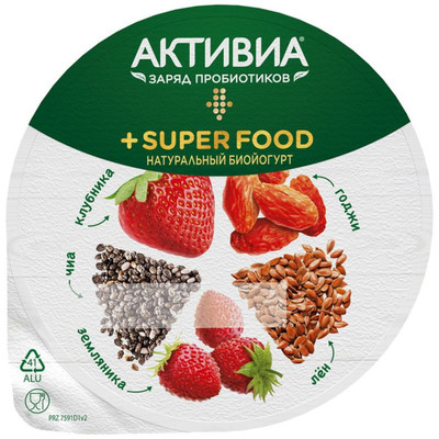 Биойогурт Активиа Super food клубника-лён-чиа-земляника-годжи 2.3%, 140г Биойогурт Активиа Super food клубника-лён-чиа-земляника-годжи 2.3%, 140г