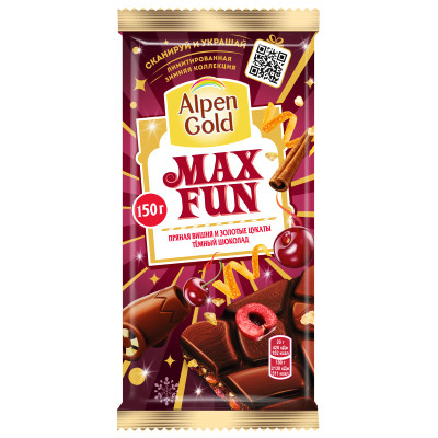 Шоколад тёмный Alpen Gold Максфан пряная вишня и золотые цукаты, 150г Шоколад тёмный Alpen Gold Максфан пряная вишня и золотые цукаты, 150г