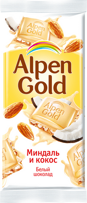 Шоколад белый Alpen Gold с миндалём и кокосовой стружкой, 85г Шоколад белый Alpen Gold с миндалём и кокосовой стружкой, 85г