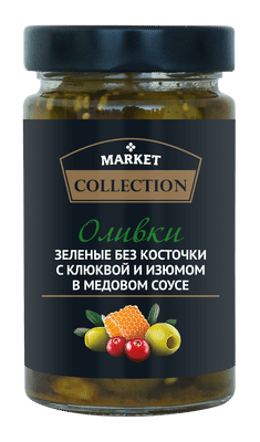 Оливки Market Collection зелёные без косточки с клюквой и изюмом в медовом соусе, 320г Оливки Market Collection зелёные без косточки с клюквой и изюмом в медовом соусе, 320г