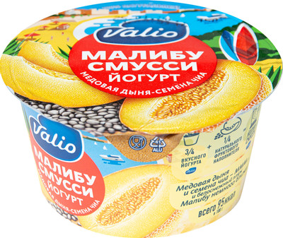Йогурт Valio Clean label Малибу смусси медовая дыня-семена чиа 2.6%, 140г Йогурт Valio Clean label Малибу смусси медовая дыня-семена чиа 2.6%, 140г