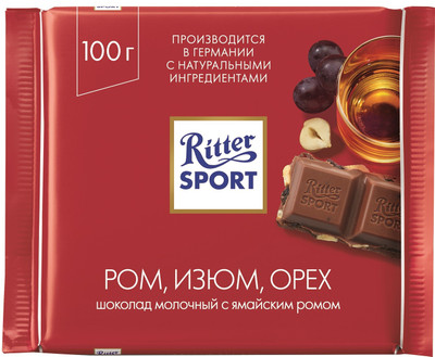 Шоколад молочный Ritter Sport ром-изюм-орехи, 100г Шоколад молочный Ritter Sport ром-изюм-орехи, 100г