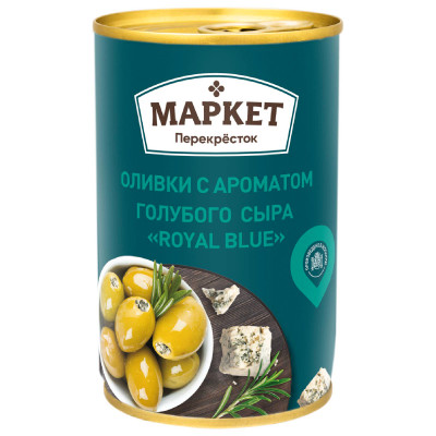 Оливки Маркет Перекрёсток зелёные с ароматом голубого сыра Royal Blue, 300г Оливки Маркет Перекрёсток зелёные с ароматом голубого сыра Royal Blue, 300г
