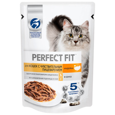 Корм Perfect Fit индейка в соусе для кошек с чувствительным пищеварением консервированный, 75г Корм Perfect Fit индейка в соусе для кошек с чувствительным пищеварением консервированный, 75г