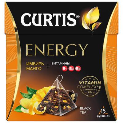 Чай Curtis Energy чёрный цейлонский манго-имбирь-цедра цитрусовых-лепестки цветов листовой, 15х1.7г Чай Curtis Energy чёрный цейлонский манго-имбирь-цедра цитрусовых-лепестки цветов листовой, 15х1.7г