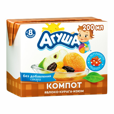 Напиток сокосодержащий Агуша Курага-Изюм-Яблоко 200мл с 8 месяцев Напиток сокосодержащий Агуша Курага-Изюм-Яблоко 200мл с 8 месяцев