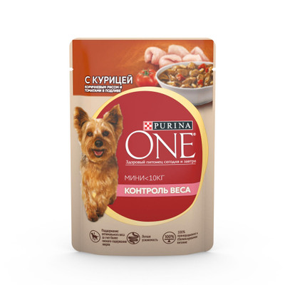 Корм Purina one Мини с курицей коричневым рисом и томатами в подливе для собак контроль веса, 85г Корм Purina one Мини с курицей коричневым рисом и томатами в подливе для собак контроль веса, 85г