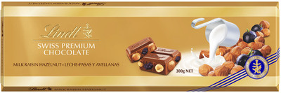 Шоколад молочный Lindt Swiss Premium с изюмом и цельным фундуком, 300г Шоколад молочный Lindt Swiss Premium с изюмом и цельным фундуком, 300г