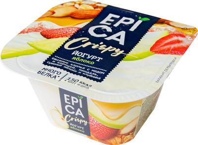 Йогурт Epica Crispy яблоко-сушёные яблоки-клубника-мюсли миндаля 4.8%, 138г Йогурт Epica Crispy яблоко-сушёные яблоки-клубника-мюсли миндаля 4.8%, 138г