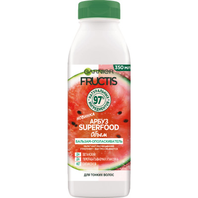 Бальзам-ополаскиватель Garnier Fructis Арбуз Superfood Объем для тонких волос, 350мл Бальзам-ополаскиватель Garnier Fructis Арбуз Superfood Объем для тонких волос, 350мл