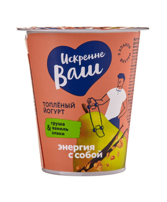 Йогурт Искренне Ваш двухслойный печеная груша-ваниль-злаки из топлёного молока 3%, 140г Йогурт Искренне Ваш двухслойный печеная груша-ваниль-злаки из топлёного молока 3%, 140г