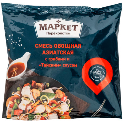 Смесь овощная Маркет Перекрёсток Азиатская с грибами и тайским соусом быстрозамороженная, 400г Смесь овощная Маркет Перекрёсток Азиатская с грибами и тайским соусом быстрозамороженная, 400г
