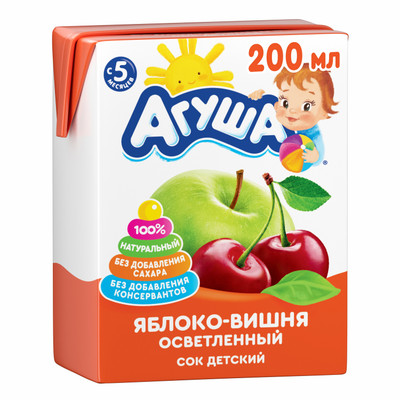 Сок детский Агуша Яблоко-Вишня 20% осветленный 200мл с 5 месяцев Сок детский Агуша Яблоко-Вишня 20% осветленный 200мл с 5 месяцев