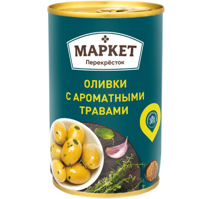 Оливки Маркет Перекрёсток зелёные с ароматными травами, 300г Оливки Маркет Перекрёсток зелёные с ароматными травами, 300г