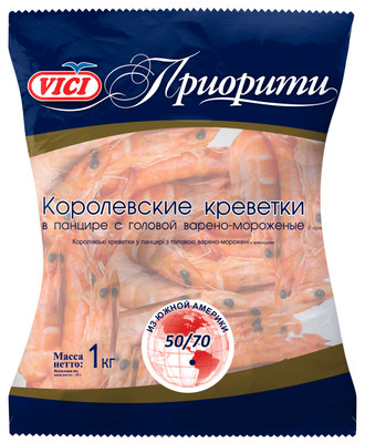 Креветки королевские Vici Приорити 50/70 варёно-мороженые, 1кг Креветки королевские Vici Приорити 50/70 варёно-мороженые, 1кг