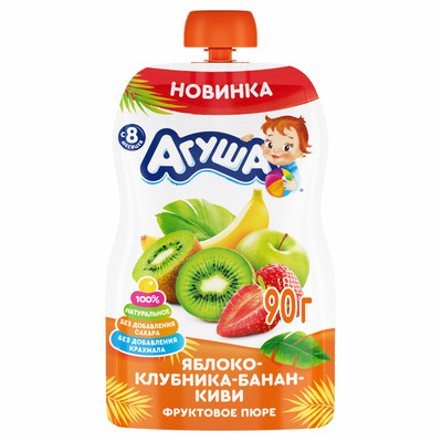 Пюре Агуша яблоко-банан-клубника-киви с 8 месяцев, 90г Пюре Агуша яблоко-банан-клубника-киви с 8 месяцев, 90г