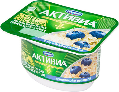 Биопродукт Активиа творожно-йогуртный Супер овсянка черника 4%, 130г Биопродукт Активиа творожно-йогуртный Супер овсянка черника 4%, 130г