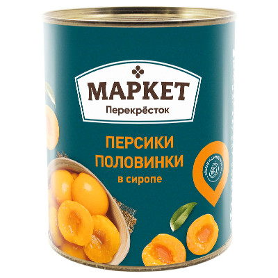 Персики Маркет Перекрёсток половинки консервированные в сиропе, 820г Персики Маркет Перекрёсток половинки консервированные в сиропе, 820г