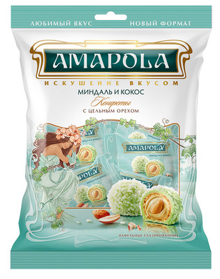 Конфеты Amapola вафельные глазированные кокосовые миндаль и кокос, 120г Конфеты Amapola вафельные глазированные кокосовые миндаль и кокос, 120г