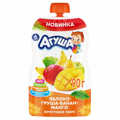 Пюре Агуша яблоко-груша-банан-манго с 6 месяцев, 90г Пюре Агуша яблоко-груша-банан-манго с 6 месяцев, 90г