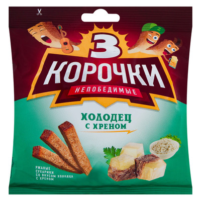 Сухарики Три корочки ржаные со вкусом холодец с хреном, 100г Сухарики Три корочки ржаные со вкусом холодец с хреном, 100г