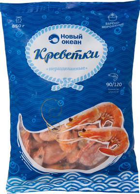Креветки Новый Океан 90/120 варёно-мороженые неразделанные, 850г Креветки Новый Океан 90/120 варёно-мороженые неразделанные, 850г