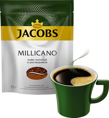 Кофе Jacobs Millicano натуральный растворимый с добавлением молотого, 75г Кофе Jacobs Millicano натуральный растворимый с добавлением молотого, 75г