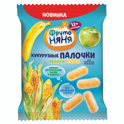 Палочки кукурузные ФрутоНяня яблоко-банан с 12 месяцев, 20г Палочки кукурузные ФрутоНяня яблоко-банан с 12 месяцев, 20г
